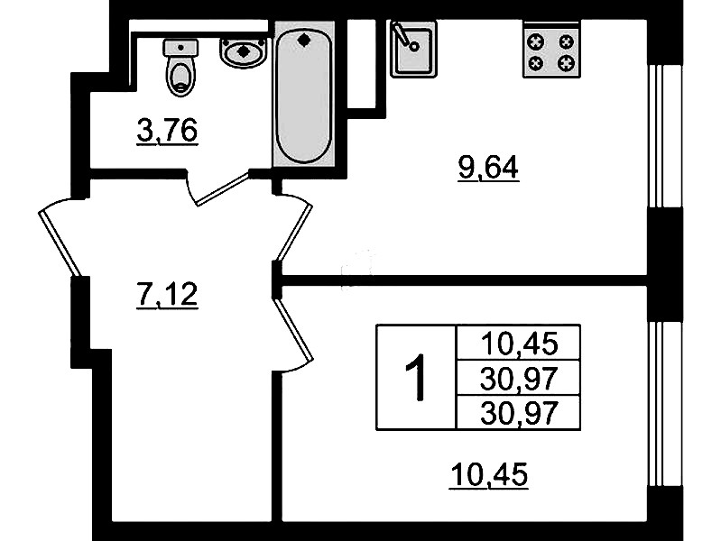 1-комнатная квартира 30.97 м², 3/12 эт., ЖК «Новые Лаврики»